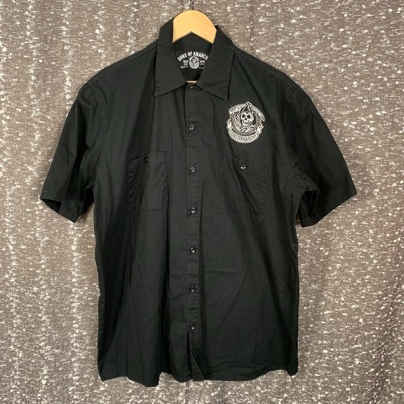Sons Of Anarchy Other - Sons of Anarchy Black Button Up Shirt Short Sleeve Biker Reaper Patch Men's XL